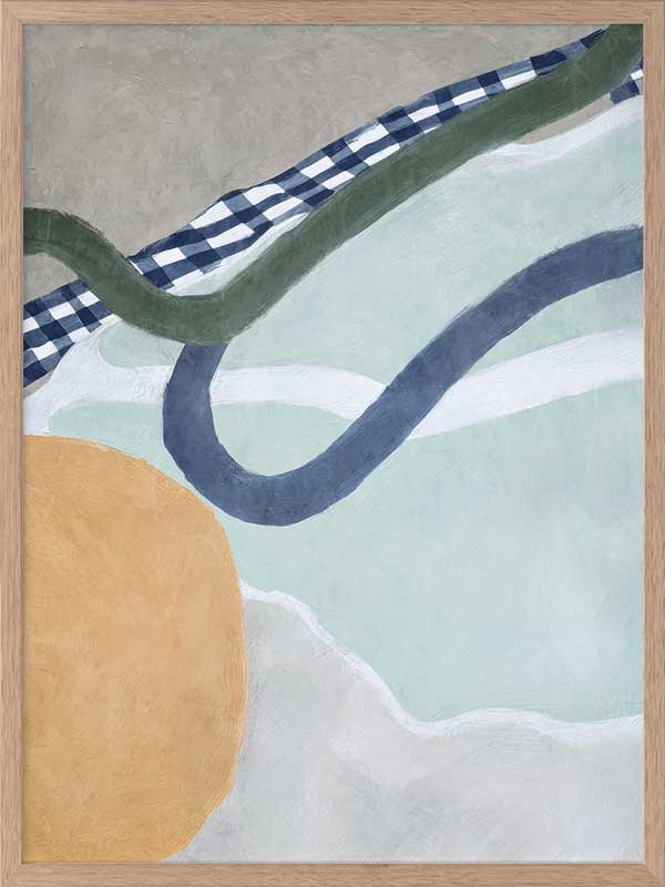 Abstract composition with curved forms in soft green and blue tones, creating a balanced and gentle motion, from the Lounging Ladies II collection by Urban Road.