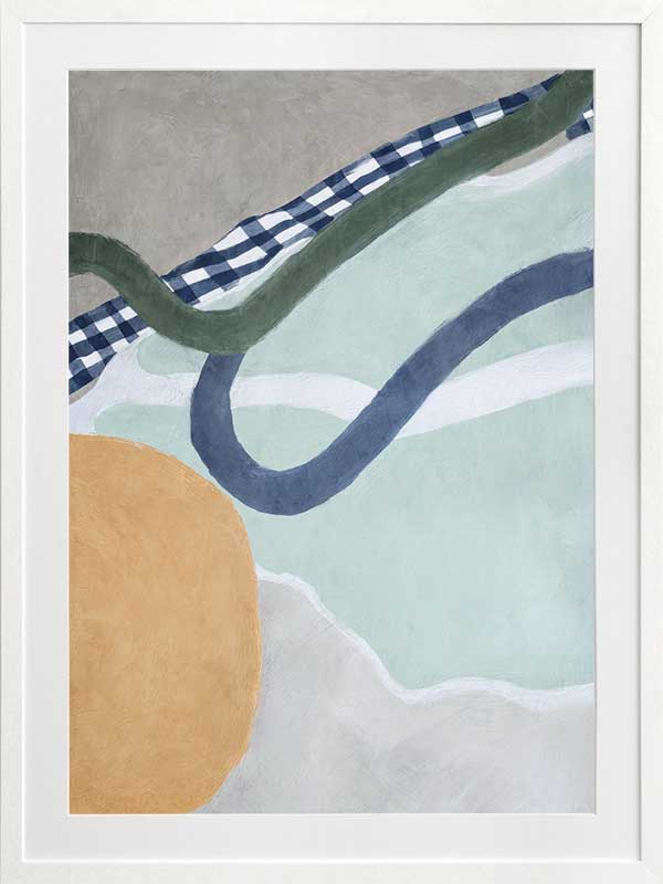 Abstract composition with curved forms in soft green and blue tones, creating a balanced and gentle motion, from the Lounging Ladies II collection by Urban Road.