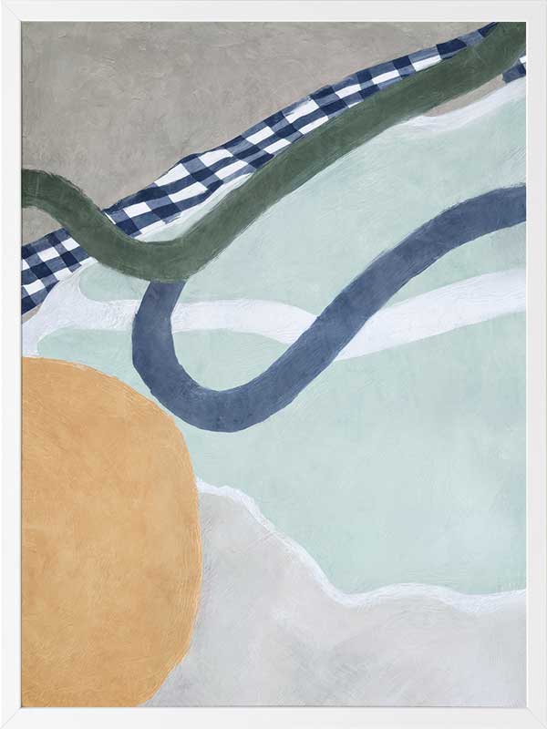 Abstract composition with curved forms in soft green and blue tones, creating a balanced and gentle motion, from the Lounging Ladies II collection by Urban Road.