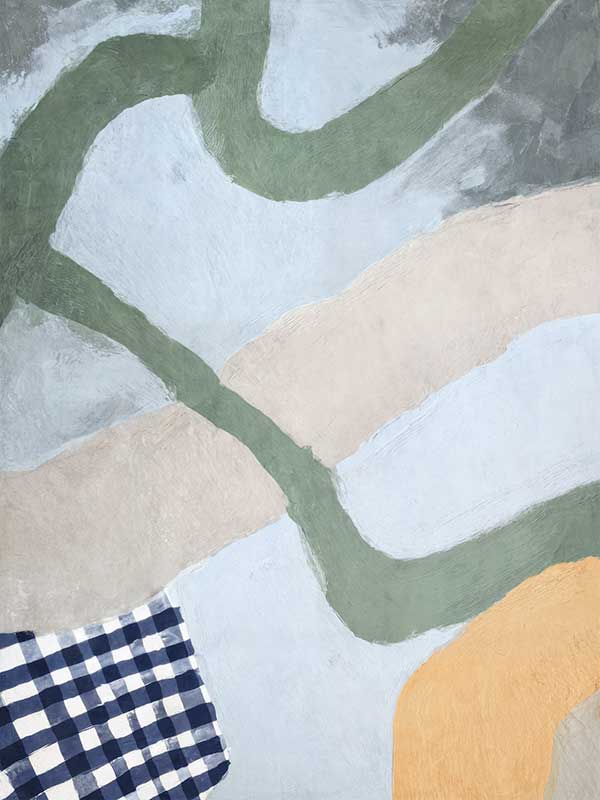Curved abstract shapes in soft blue and green tones with painterly textures and a striped pattern, from the Lounging Ladies II collection by Urban Road.