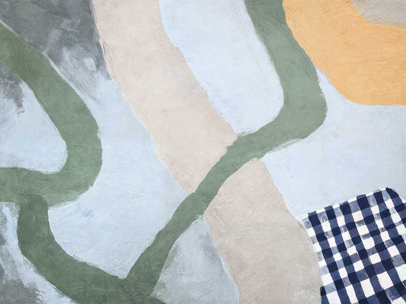 Curved abstract shapes in soft blue and green tones with painterly textures and a striped pattern, from the Lounging Ladies II collection by Urban Road.