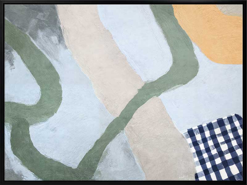 Curved abstract shapes in soft blue and green tones with painterly textures and a striped pattern, from the Lounging Ladies II collection by Urban Road.