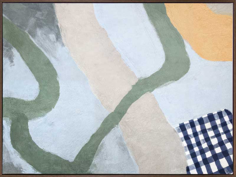 Curved abstract shapes in soft blue and green tones with painterly textures and a striped pattern, from the Lounging Ladies II collection by Urban Road.