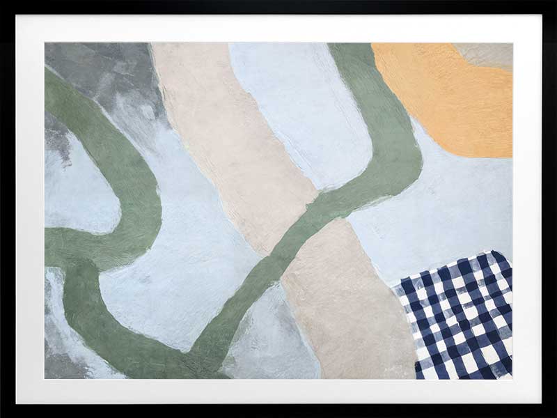 Curved abstract shapes in soft blue and green tones with painterly textures and a striped pattern, from the Lounging Ladies II collection by Urban Road.