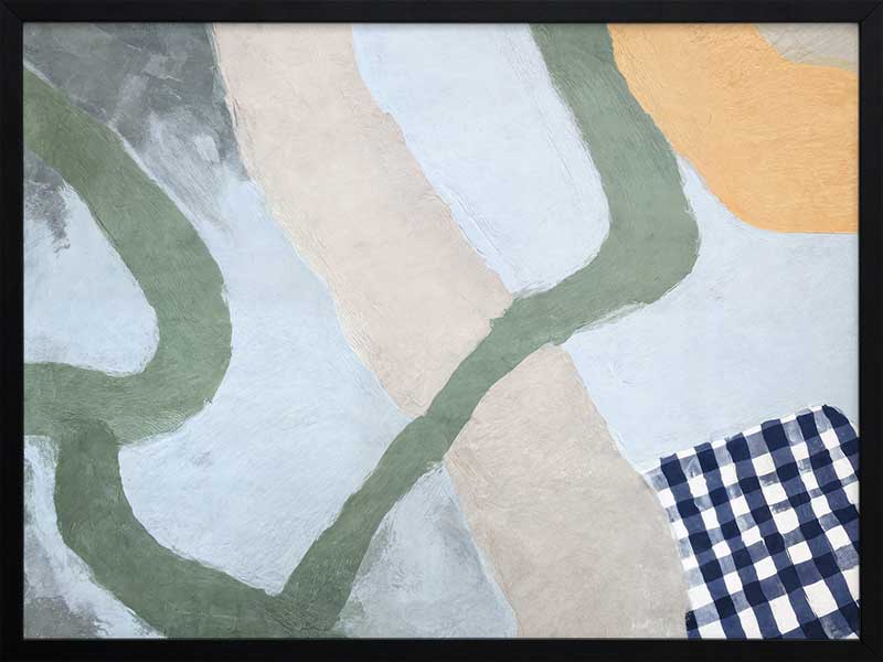 Curved abstract shapes in soft blue and green tones with painterly textures and a striped pattern, from the Lounging Ladies II collection by Urban Road.