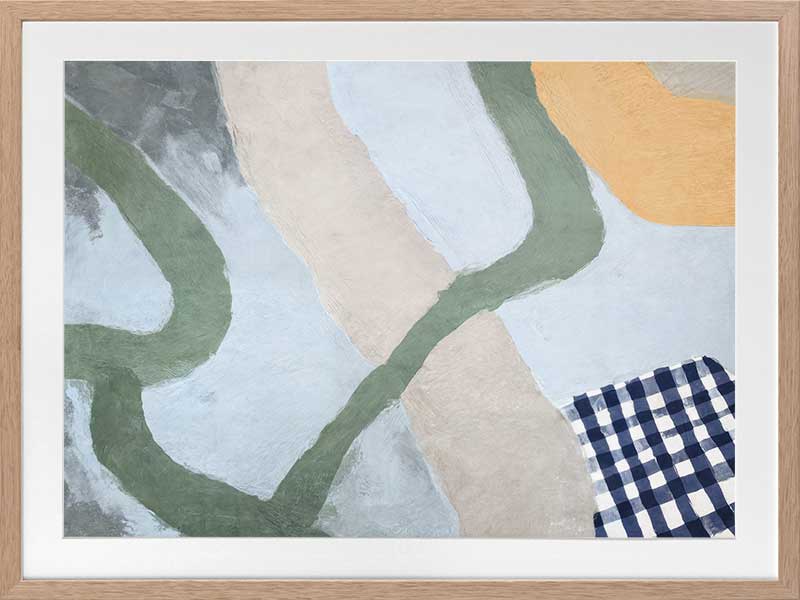 Curved abstract shapes in soft blue and green tones with painterly textures and a striped pattern, from the Lounging Ladies II collection by Urban Road.