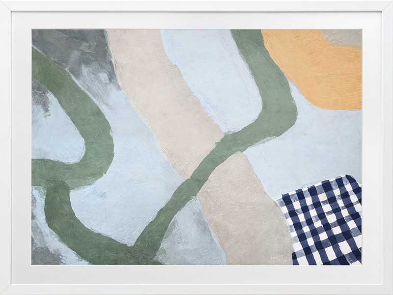 Curved abstract shapes in soft blue and green tones with painterly textures and a striped pattern, from the Lounging Ladies II collection by Urban Road.