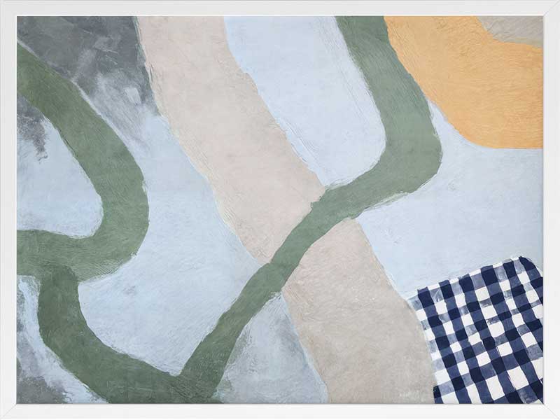 Curved abstract shapes in soft blue and green tones with painterly textures and a striped pattern, from the Lounging Ladies II collection by Urban Road.