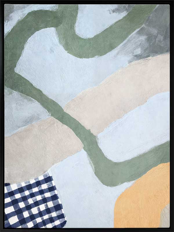 Curved abstract shapes in soft blue and green tones with painterly textures and a striped pattern, from the Lounging Ladies II collection by Urban Road.