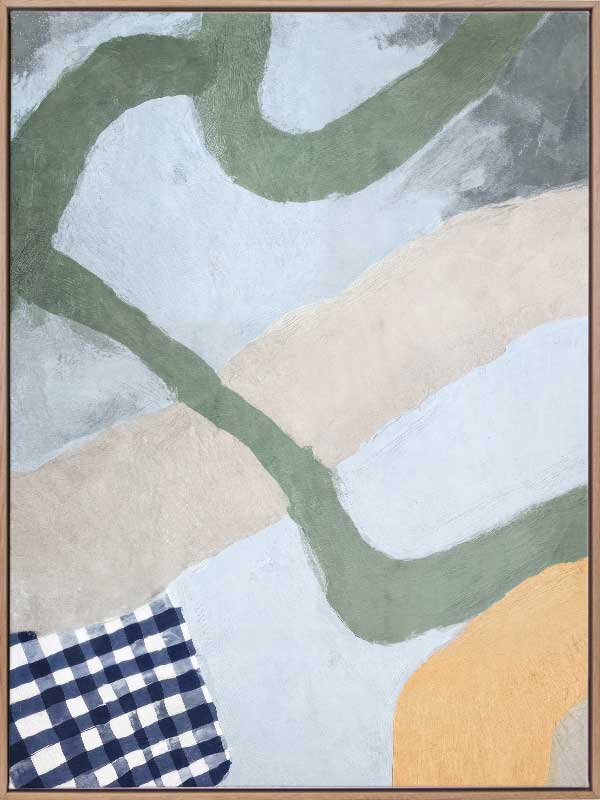 Curved abstract shapes in soft blue and green tones with painterly textures and a striped pattern, from the Lounging Ladies II collection by Urban Road.
