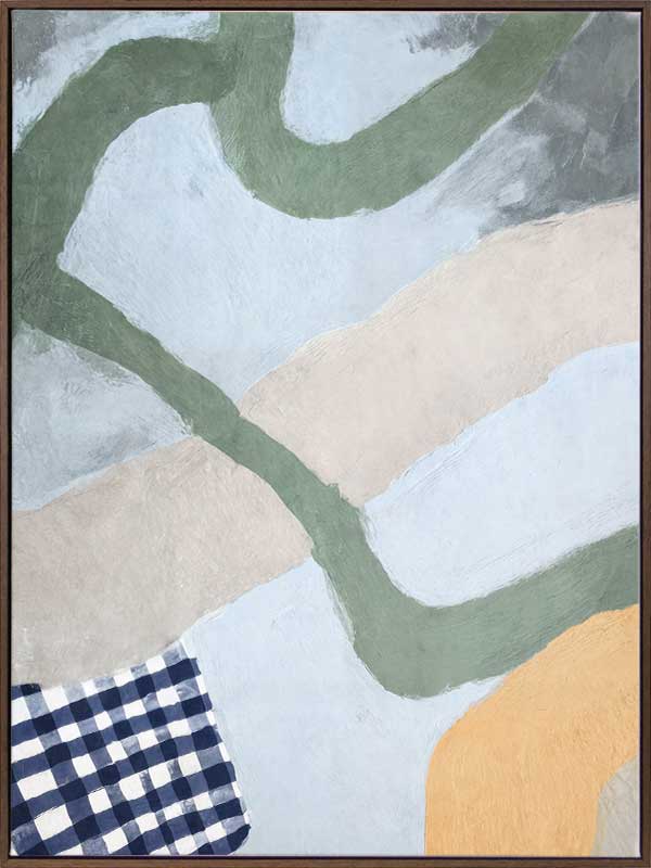 Curved abstract shapes in soft blue and green tones with painterly textures and a striped pattern, from the Lounging Ladies II collection by Urban Road.