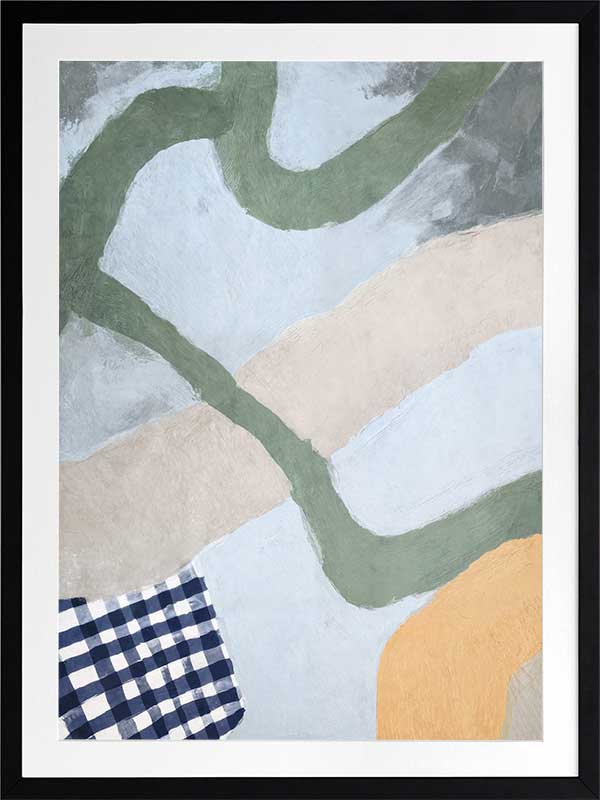 Curved abstract shapes in soft blue and green tones with painterly textures and a striped pattern, from the Lounging Ladies II collection by Urban Road.