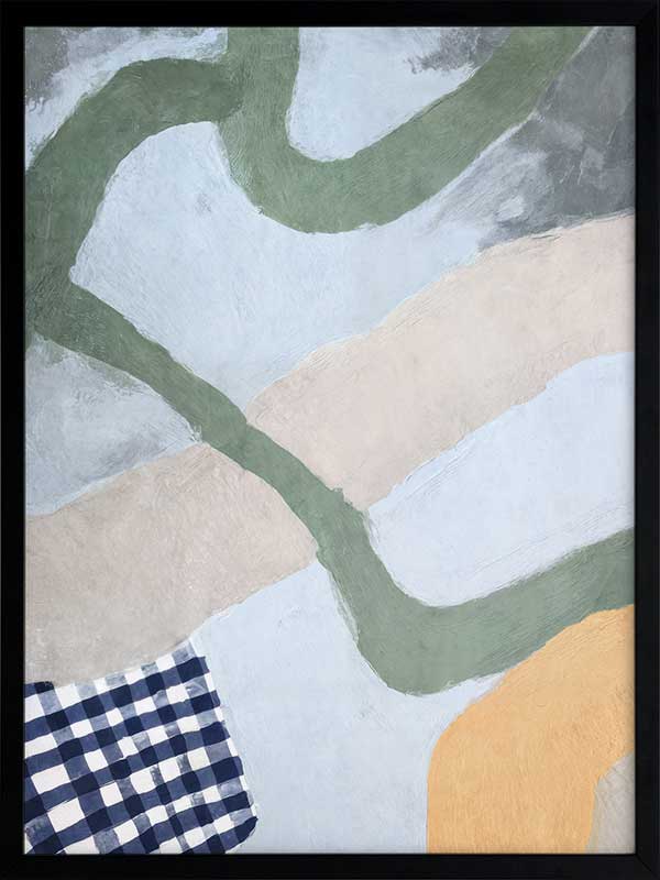 Curved abstract shapes in soft blue and green tones with painterly textures and a striped pattern, from the Lounging Ladies II collection by Urban Road.