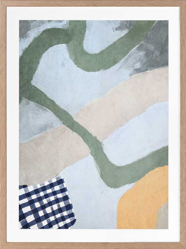 Curved abstract shapes in soft blue and green tones with painterly textures and a striped pattern, from the Lounging Ladies II collection by Urban Road.