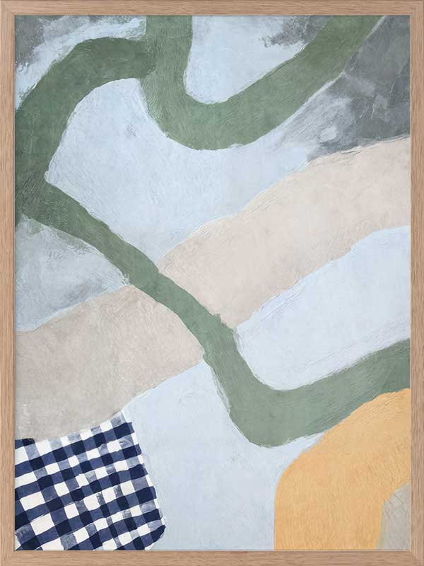 Curved abstract shapes in soft blue and green tones with painterly textures and a striped pattern, from the Lounging Ladies II collection by Urban Road.