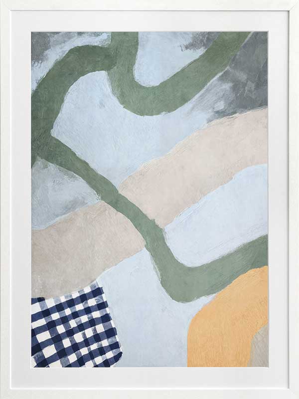 Curved abstract shapes in soft blue and green tones with painterly textures and a striped pattern, from the Lounging Ladies II collection by Urban Road.