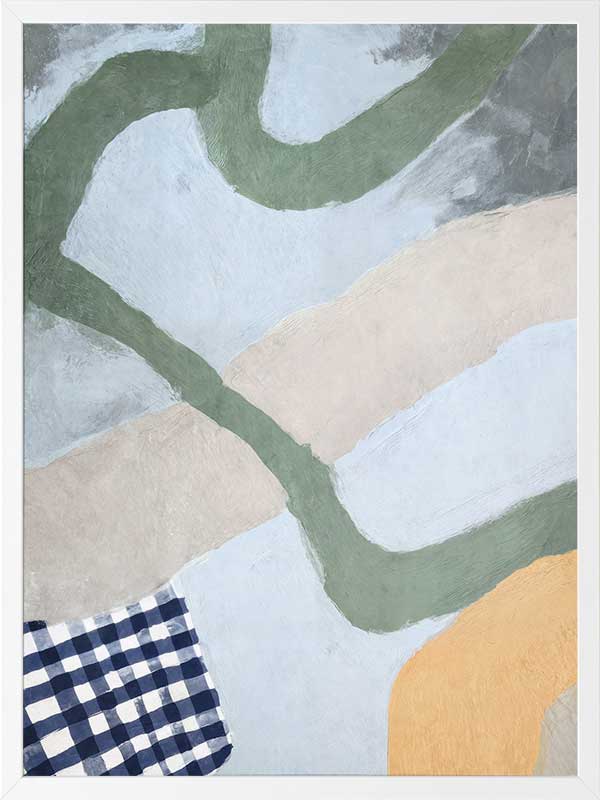 Curved abstract shapes in soft blue and green tones with painterly textures and a striped pattern, from the Lounging Ladies II collection by Urban Road.