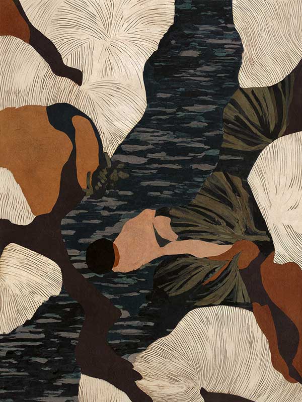 Layered abstract composition with earthy brushwork in brown and black tones, evoking depth and movement, from the Lounging Ladies II collection by Urban Road.