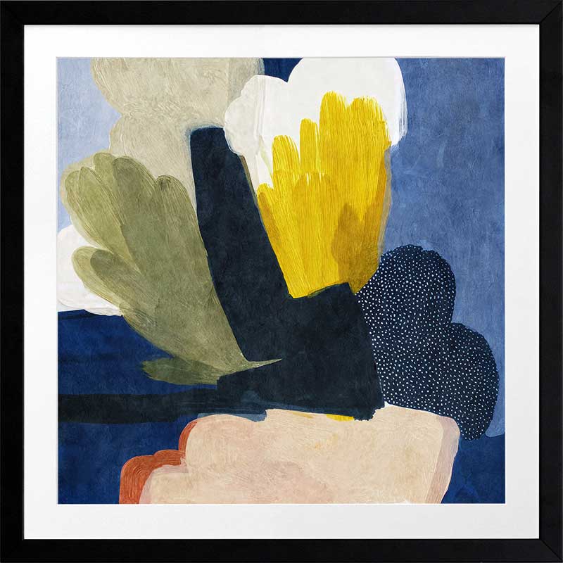 A bold abstract piece featuring organic shapes in vivid yellow and deep blue tones, from the Lounging Ladies II collection by Urban Road.