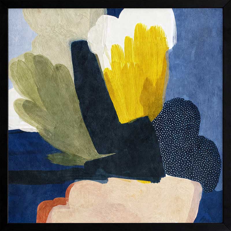 A bold abstract piece featuring organic shapes in vivid yellow and deep blue tones, from the Lounging Ladies II collection by Urban Road.