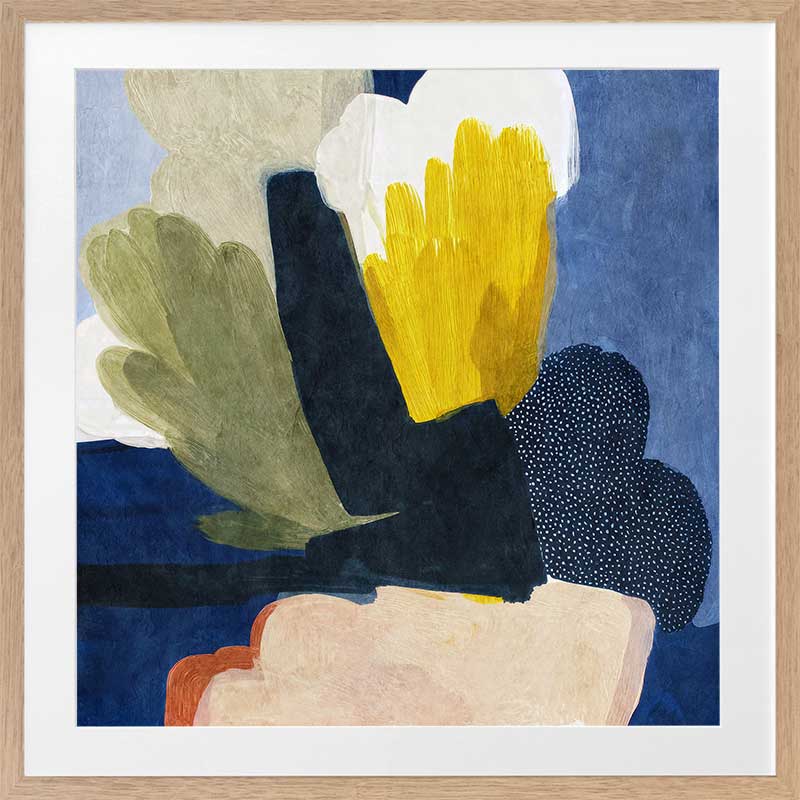 A bold abstract piece featuring organic shapes in vivid yellow and deep blue tones, from the Lounging Ladies II collection by Urban Road.