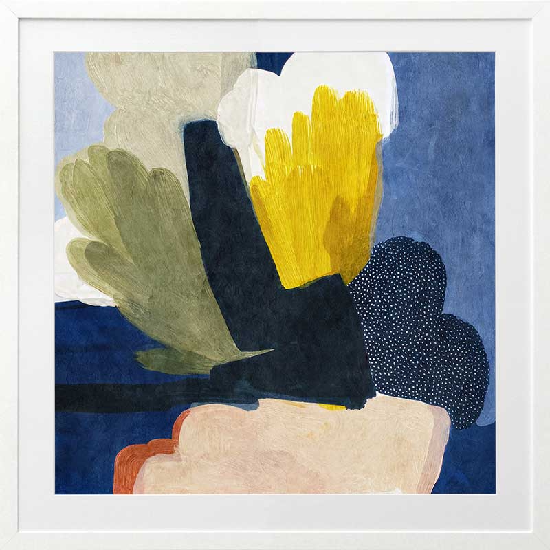 A bold abstract piece featuring organic shapes in vivid yellow and deep blue tones, from the Lounging Ladies II collection by Urban Road.