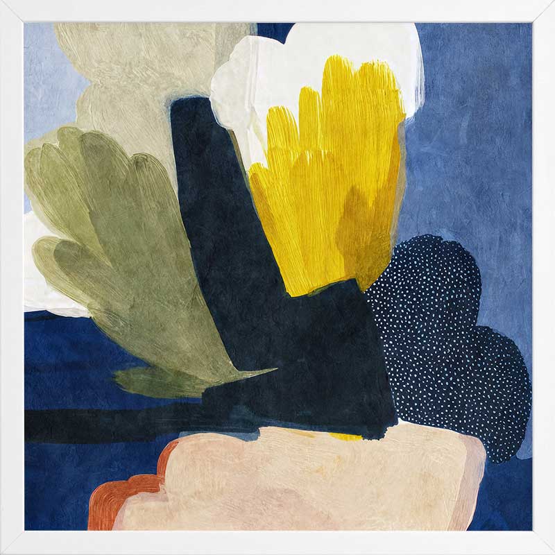 A bold abstract piece featuring organic shapes in vivid yellow and deep blue tones, from the Lounging Ladies II collection by Urban Road.