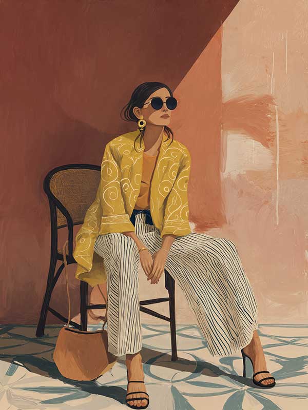 A seated woman in patterned pants and a yellow blouse leans casually against a terracotta wall. From the Lounging Ladies II collection by Urban Road.