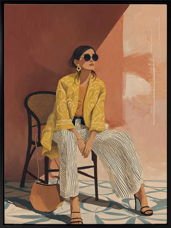 A seated woman in patterned pants and a yellow blouse leans casually against a terracotta wall. From the Lounging Ladies II collection by Urban Road.