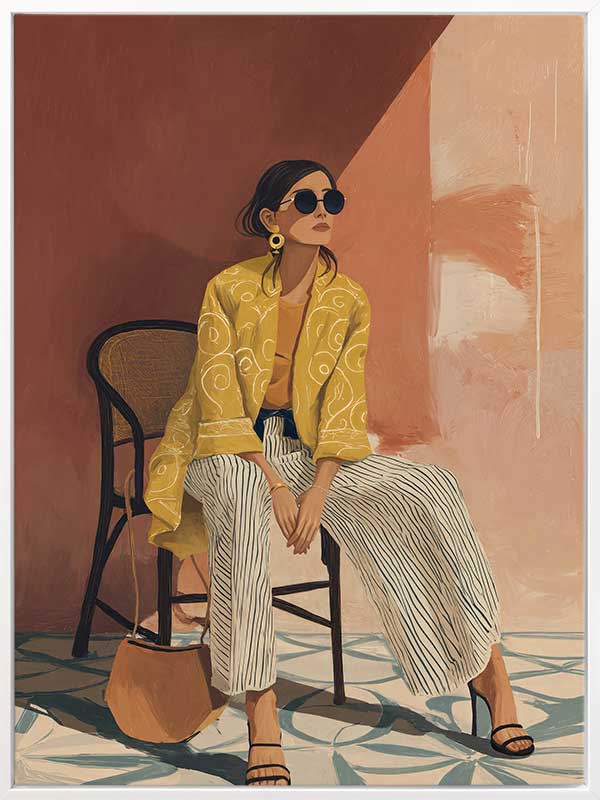 A seated woman in patterned pants and a yellow blouse leans casually against a terracotta wall. From the Lounging Ladies II collection by Urban Road.