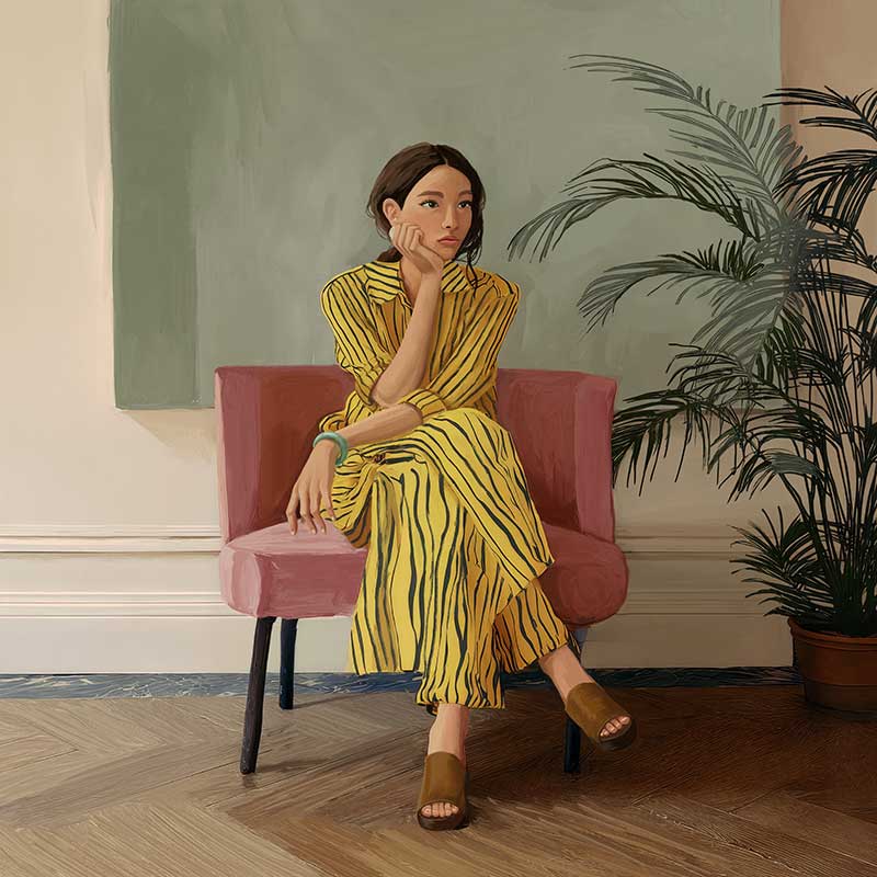 Portrait of a woman in yellow stripes sitting offline in a muted room setting, from the Lounging Ladies II collection by Urban Road.