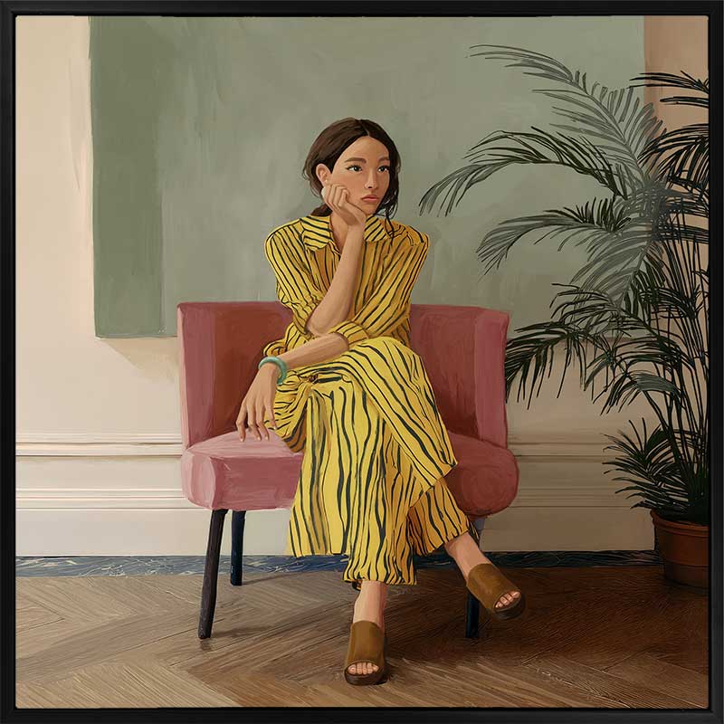 Portrait of a woman in yellow stripes sitting offline in a muted room setting, from the Lounging Ladies II collection by Urban Road.