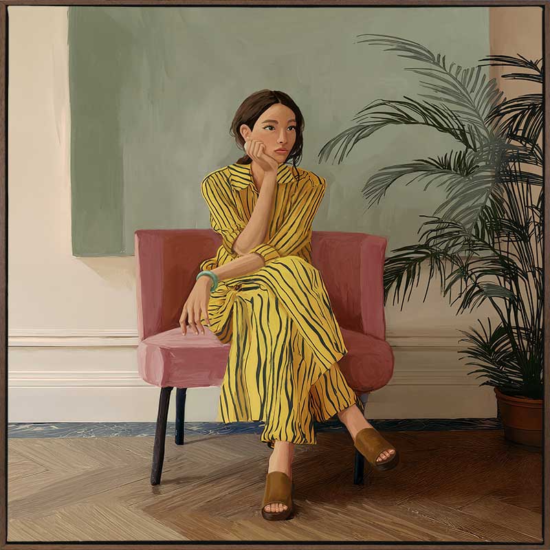 Portrait of a woman in yellow stripes sitting offline in a muted room setting, from the Lounging Ladies II collection by Urban Road.