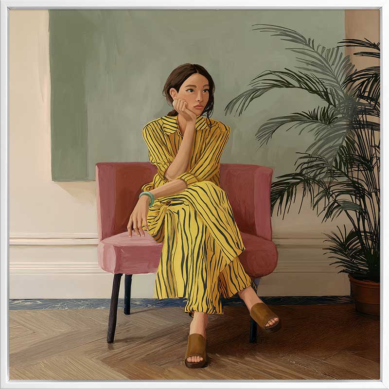 Portrait of a woman in yellow stripes sitting offline in a muted room setting, from the Lounging Ladies II collection by Urban Road.
