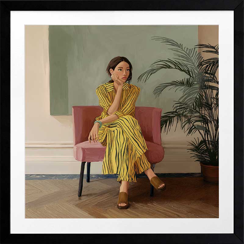 Portrait of a woman in yellow stripes sitting offline in a muted room setting, from the Lounging Ladies II collection by Urban Road.