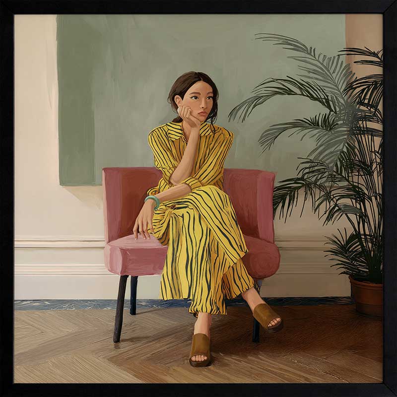 Portrait of a woman in yellow stripes sitting offline in a muted room setting, from the Lounging Ladies II collection by Urban Road.