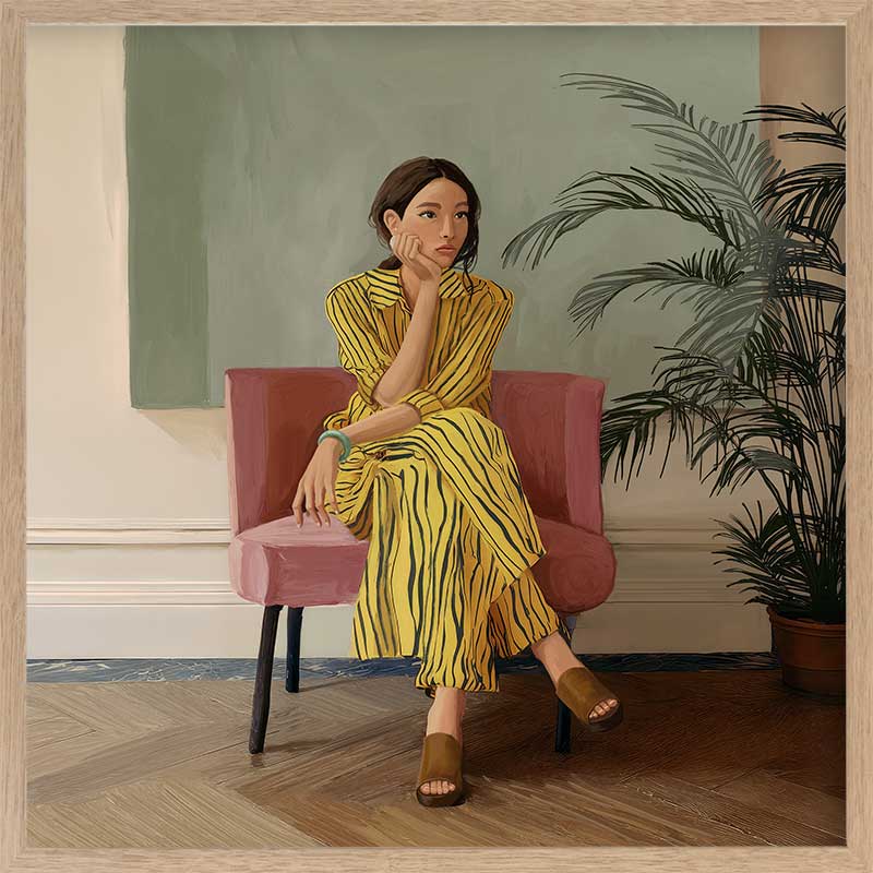 Portrait of a woman in yellow stripes sitting offline in a muted room setting, from the Lounging Ladies II collection by Urban Road.