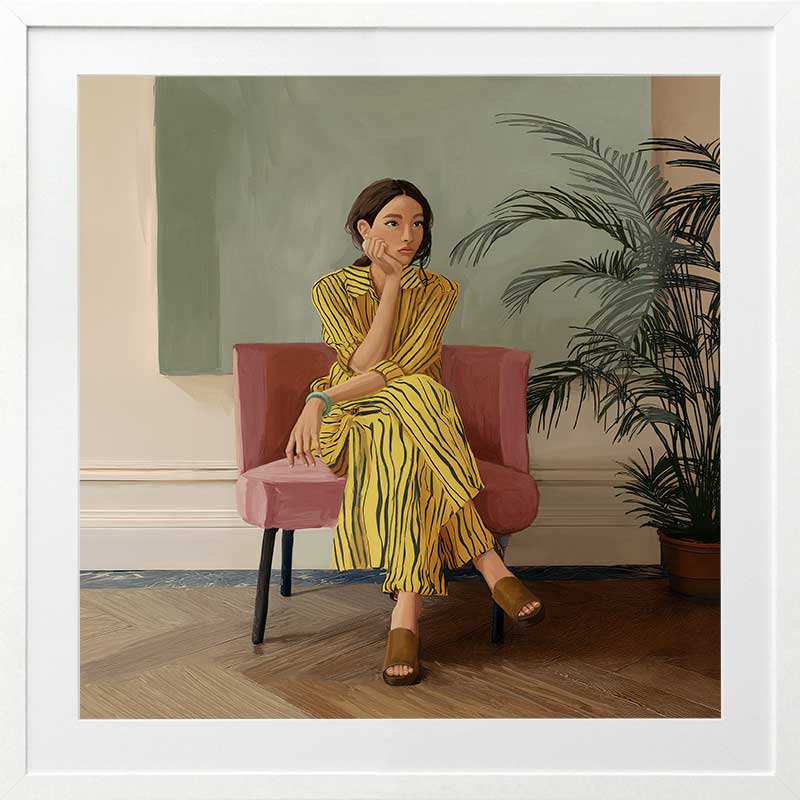 Portrait of a woman in yellow stripes sitting offline in a muted room setting, from the Lounging Ladies II collection by Urban Road.