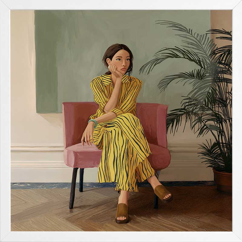 Portrait of a woman in yellow stripes sitting offline in a muted room setting, from the Lounging Ladies II collection by Urban Road.