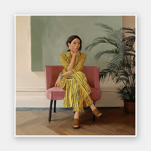 Portrait of a woman in yellow stripes sitting offline in a muted room setting, from the Lounging Ladies II collection by Urban Road.