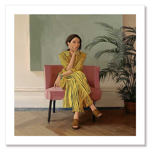 Portrait of a woman in yellow stripes sitting offline in a muted room setting, from the Lounging Ladies II collection by Urban Road.