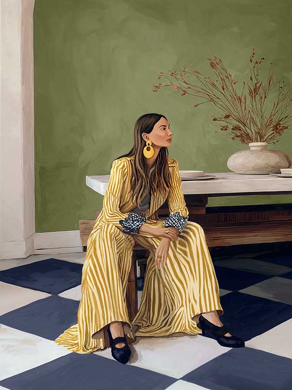 Woman in yellow-striped fashion sits poised against a green wall and patterned flooring in a moment of composed stillness, from the Lounging Ladies II collection by Urban Road.