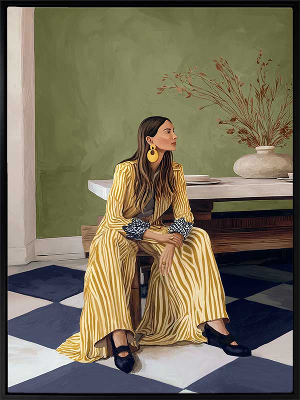 Woman in yellow-striped fashion sits poised against a green wall and patterned flooring in a moment of composed stillness, from the Lounging Ladies II collection by Urban Road.