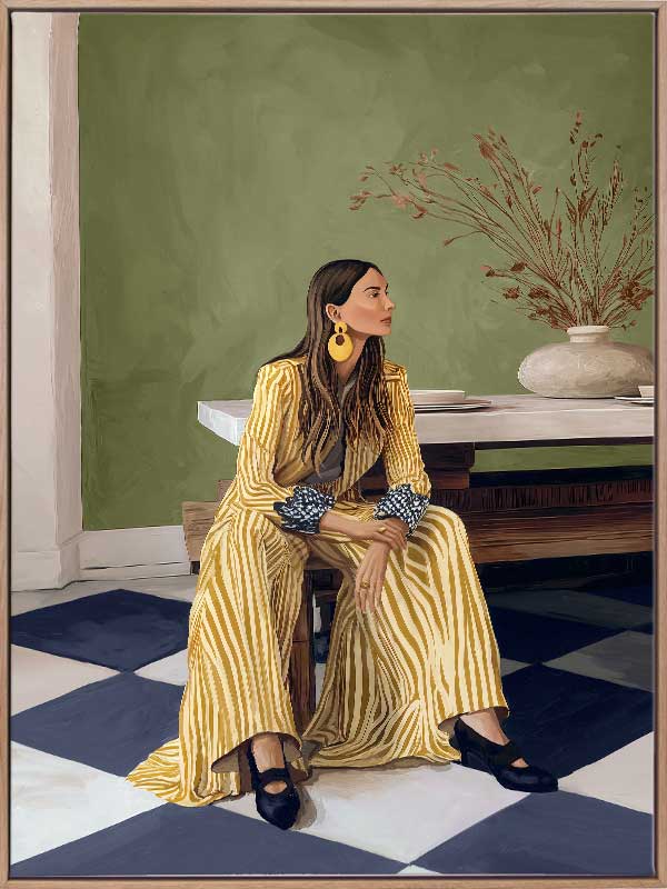Woman in yellow-striped fashion sits poised against a green wall and patterned flooring in a moment of composed stillness, from the Lounging Ladies II collection by Urban Road.