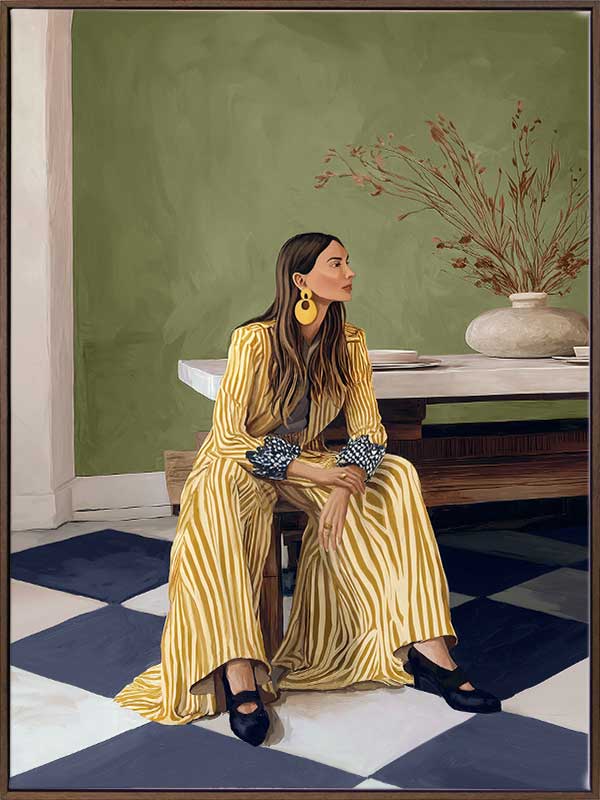 Woman in yellow-striped fashion sits poised against a green wall and patterned flooring in a moment of composed stillness, from the Lounging Ladies II collection by Urban Road.