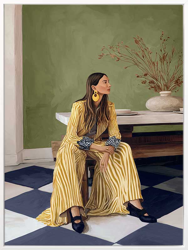 Woman in yellow-striped fashion sits poised against a green wall and patterned flooring in a moment of composed stillness, from the Lounging Ladies II collection by Urban Road.