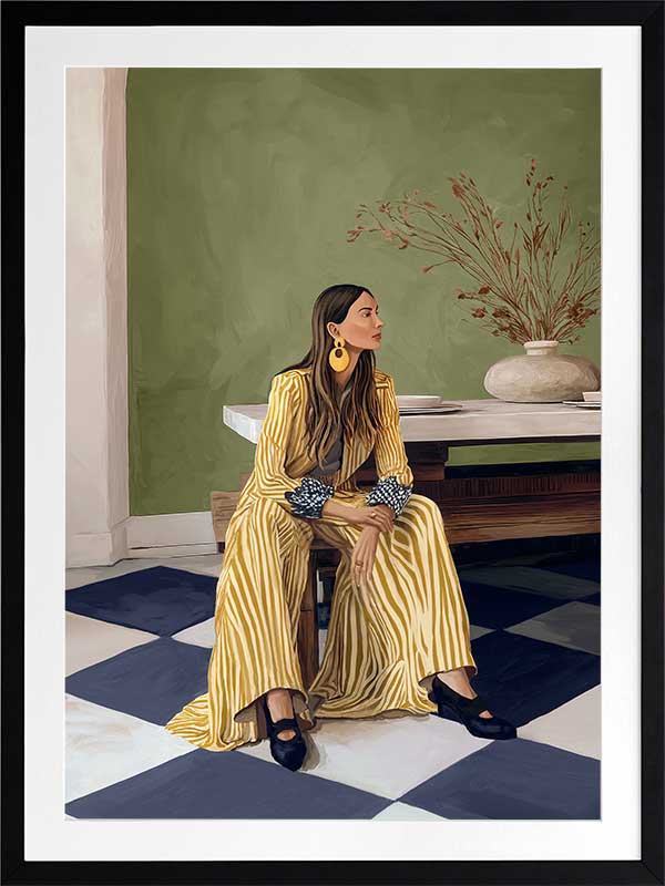 Woman in yellow-striped fashion sits poised against a green wall and patterned flooring in a moment of composed stillness, from the Lounging Ladies II collection by Urban Road.