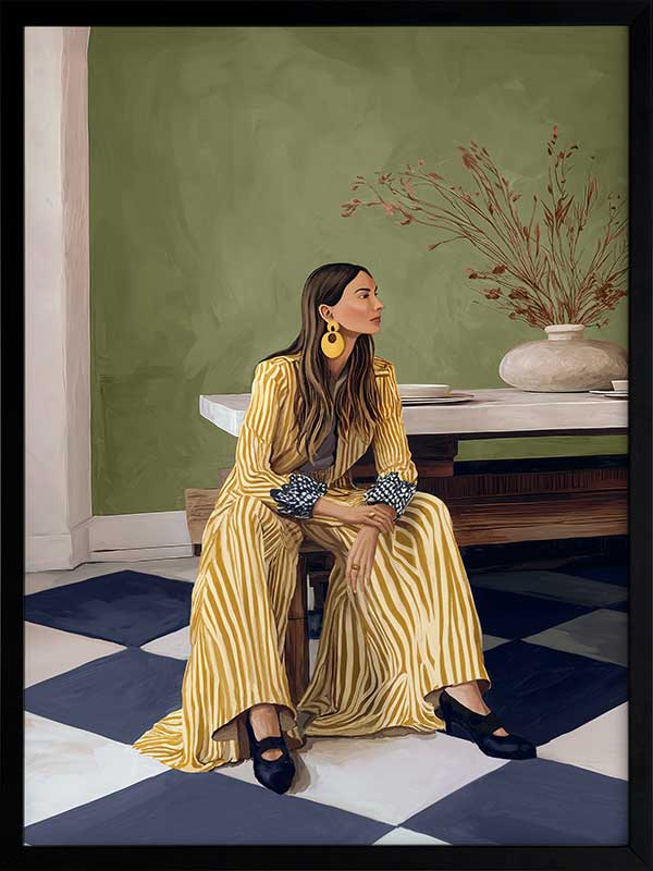 Woman in yellow-striped fashion sits poised against a green wall and patterned flooring in a moment of composed stillness, from the Lounging Ladies II collection by Urban Road.