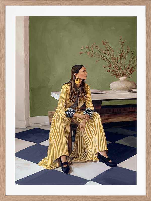 Woman in yellow-striped fashion sits poised against a green wall and patterned flooring in a moment of composed stillness, from the Lounging Ladies II collection by Urban Road.
