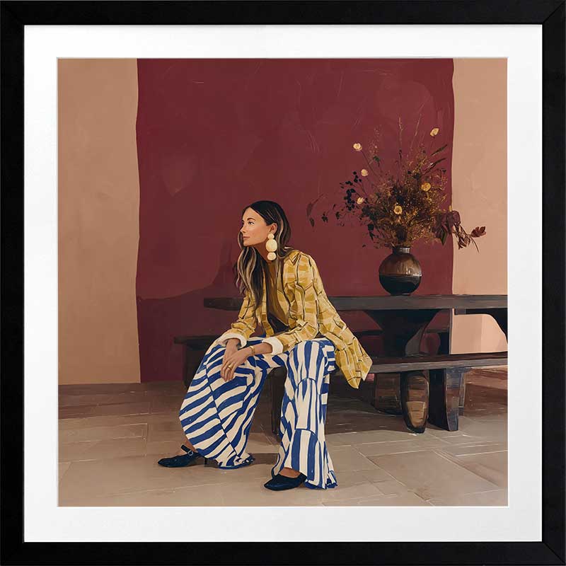 A woman in yellow seated against a moody blue and red backdrop, wearing bold striped pants, from the Lounging Ladies II collection by Urban Road.